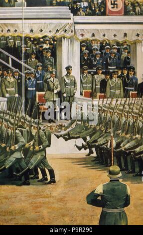 Nazi Germany. Berlin. German soldiers in the military parade due to the 50th birthday of Adolf Hitler on April 20, 1939. Color illustration. Stock Photo