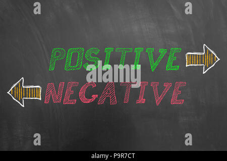 Positive negative colorful chalk text with arrows on blackboard or chalkboard as good versus bad decision choice direction concept Stock Photo