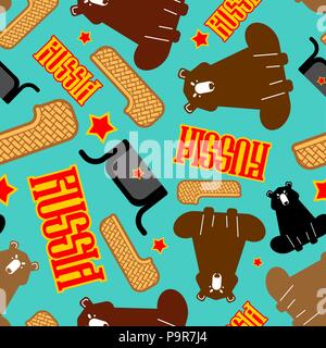 Russia pattern. Bast shoes and bear. Ushanka and red star. Russian National Folk Texture. Vector background Stock Vector