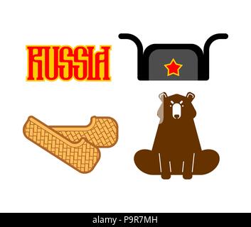 Russia set sign icon. Bast shoes and bear. Ushanka and red star. Russian National Folk symbol. Vector illustration Stock Vector