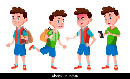 Boy Schoolboy Kid Poses Set Vector. Black. Afro American. High School ...