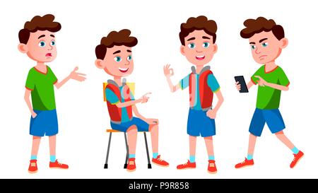 Boy Schoolboy Kid Poses Set Vector. Primary School Child. Cheerful ...