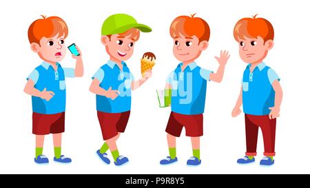 Boy Schoolboy Kid Poses Set Vector. High School Child. Black. Afro ...