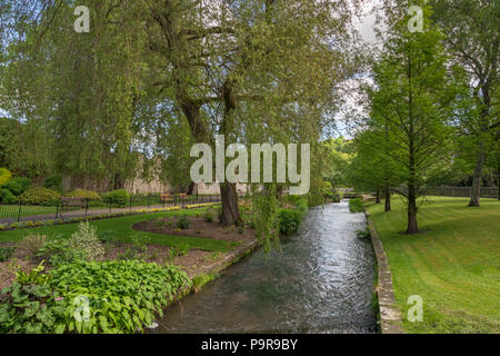 The River Itchen as it flows through Winchester, Hampshire, England in an area known as The Weirs. On the left is part of the old city wall. Stock Photo