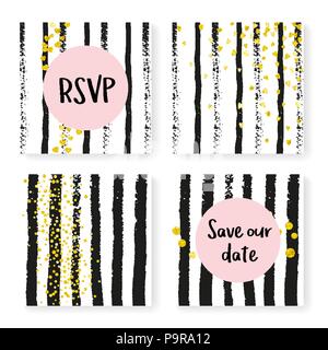 Wedding glitter confetti on stripes, invitation set Stock Vector