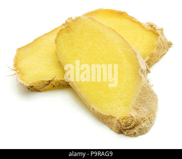 Sliced ginger rhizome two pieces isolated on white background Stock Photo