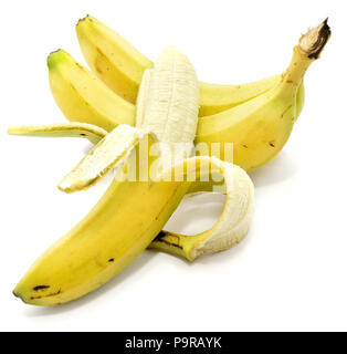 Two whole bananas, one open, isolated on white background Stock Photo