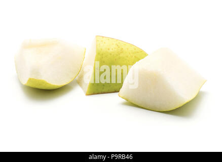 Three green pear sliced pieces isolated on white background Stock Photo