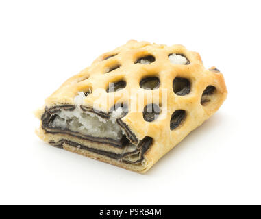 Sliced lattice bread half with coconut and chocolate mousse inside isolated on white background fresh baked Stock Photo