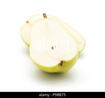 Sliced green pear isolated on white background two halves cross section Stock Photo