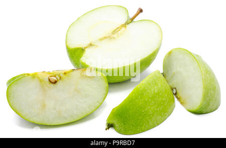 Sliced apple Granny Smith, three slices and one half, isolated on white background Stock Photo