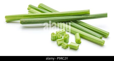 Five fresh celery sticks and sliced pieces isolated on white background Stock Photo