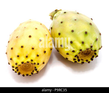 Two whole prickly pears, orange and green yellow isolated on white background Stock Photo