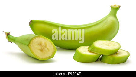 One whole plantain and three slices isolated on white background Stock Photo