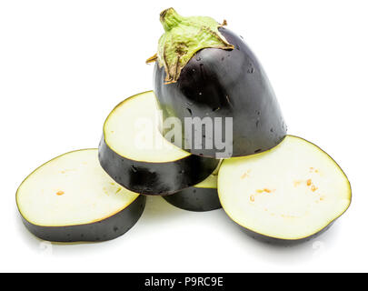 Sliced eggplant (aubergine), cut in round circles, isolated on white background Stock Photo