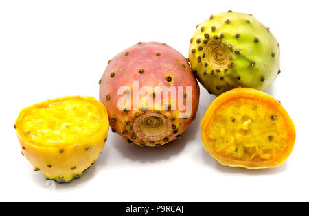 Group of two whole and sliced prickly pears, opuntia red, green and yellow, flesh with seeds, two halves, isolated on white background Stock Photo