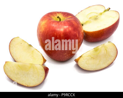 Kanzi apples composition, one whole, one half, three slices, isolated on white background Stock Photo