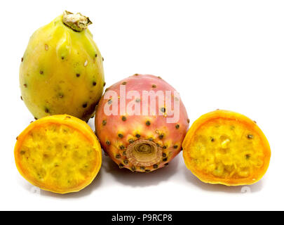 Group of two whole and sliced prickly pears, opuntia red, green and yellow, flesh with seeds, two halves, isolated on white background Stock Photo