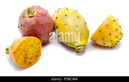 Group of two whole and sliced prickly pears, opuntia red, green and yellow, flesh with seeds, two halves, isolated on white background Stock Photo