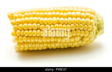 One half of broken open sweet corn isolated on white background Stock Photo