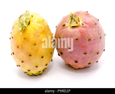 Two whole prickly pears, orange and red isolated on white background Stock Photo
