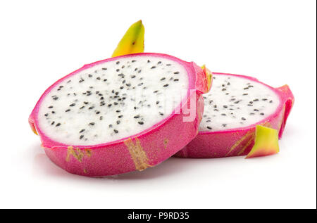 Two dragon fruit slices (Pitaya, Pitahaya) isolated on white background Stock Photo