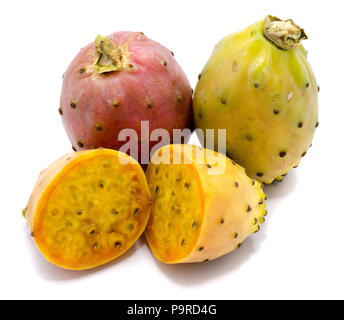 Group of two whole and sliced prickly pears, opuntia red, green and yellow, flesh with seeds, two halves, isolated on white background Stock Photo