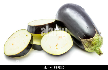One whole and sliced eggplant (aubergine), cut in round circles, isolated on white background Stock Photo