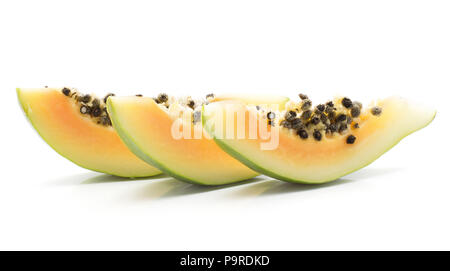 Green papaya (pawpaw, papaw) three slices with seeds isolated on white background Stock Photo