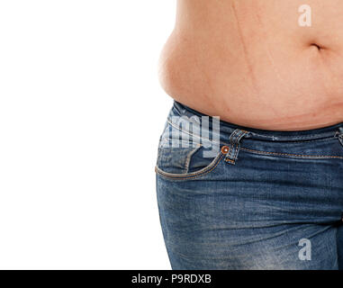 Overweight woman in jeans, woman with a fat upper pubic area in