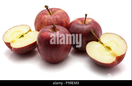 Gala apples, three whole and one cut in half, isolated on white background Stock Photo