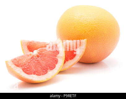 Two red grapefruit slices and one whole isolated on white background Stock Photo