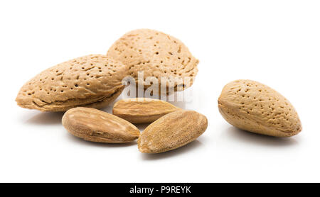 Almonds three shelled nuts and unshelled isolated on white background Stock Photo
