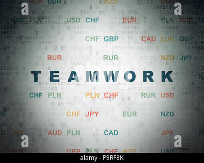 Finance concept: Painted blue text Teamwork on Digital Data Paper background with Currency Stock Photo