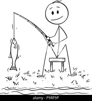 Cartoon of Man or Fisherman Fishing on the River or Lake Shore Catching a  Fish Stock Vector Image & Art - Alamy