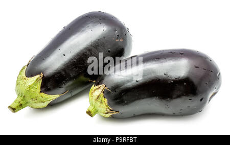 Two whole eggplants (aubergine) with water drops isolated on white background Stock Photo