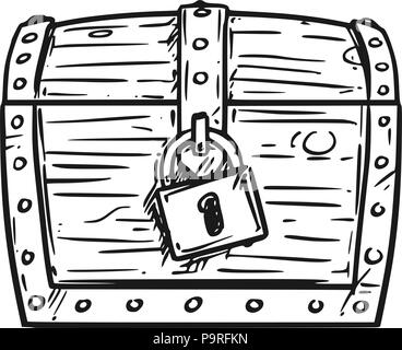 Cartoon drawing illustration of locked antique wooden treasure chest ...