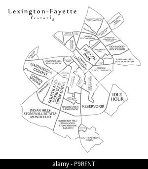 Modern City Map - Lexington-Fayette Kentucky city of the USA with neighborhoods and titles outline Stock Vector