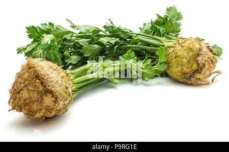 Fresh celery root with leaves isolated on white background two bulbs Stock Photo