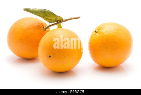 Oranges with green leaf isolated on white background three whole Stock Photo