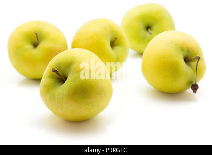 Apples (Smeralda variety) isolated on white background five whole green yellow Stock Photo