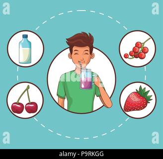 Young man with healthy food round icons vector illustration graphic ...