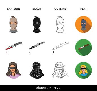 A thief in a mask, a bloody knife, a hostage, an escape from prison.Crime set collection icons in cartoon,black,outline,flat style vector symbol stock Stock Vector