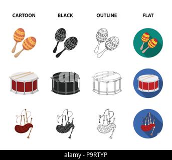 Maracas, drum, Scottish bagpipes, clarinet. Musical instruments set collection icons in cartoon,black,outline,flat style vector symbol stock illustrat Stock Vector