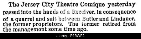 298 Charles Frederick Lindauer I (1836-1921) and the Theatre Comique, Jersey City, New Jersey on December 6, 1881 Stock Photo