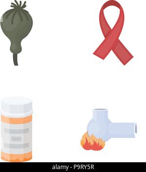 AIDS tape, tablets, opium poppy, a tube for hashish.Drug set collection icons in cartoon style vector symbol stock illustration . Stock Vector