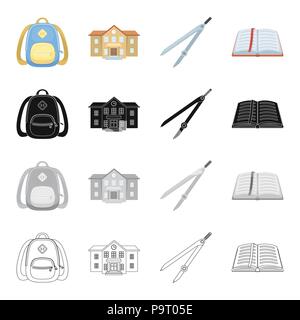 School backpack, college building, compasses, open book. School and learning set collection icons in cartoon black monochrome outline style vector sym Stock Vector