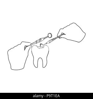 Manipulation, gesture of the hands of the dentist with the instrument over the damaged tooth. Stomatology single icon in outline style vector symbol s Stock Vector