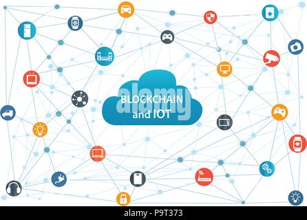 Internet of things concept and Blockchain technology Smart Home Technology Internet networking concept. Internet of things Cloud with apps. Stock Vector
