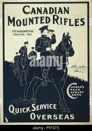 . 'Canadian Mounted Rifles. Headquarters Hamilton, Ont. Canada's Crack Cavalry Corps. Quick Service Overseas'. Canadian World War I recruitment poster. 1914–18 272 Canadian Mountian Rifles recruitment poster Stock Photo